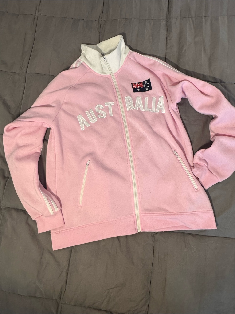 Pink Zip-Up Crewneck Fleece Sweater with Australia Patch